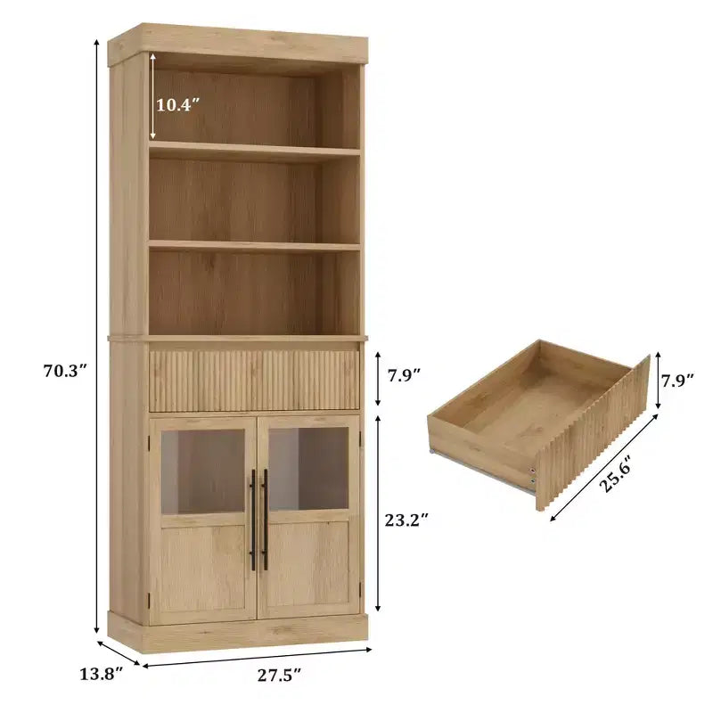 Dispensa alta con ante in vetro, mobile da cucina da 70 cm con cassetto e ripiani regolabili