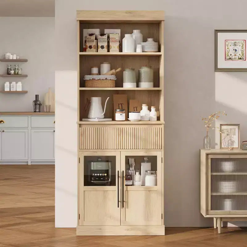 Dispensa alta con ante in vetro, mobile da cucina da 70 cm con cassetto e ripiani regolabili