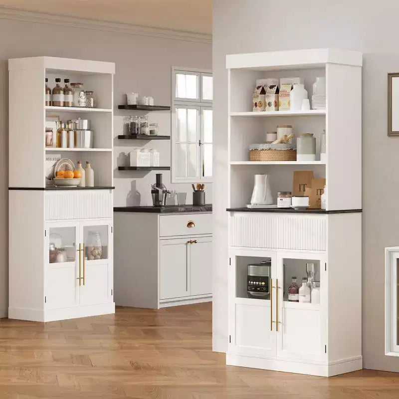 Dispensa alta con ante in vetro, mobile da cucina da 70 cm con cassetto e ripiani regolabili