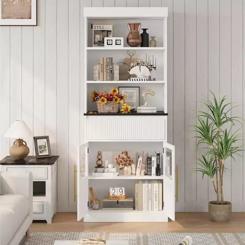 Dispensa alta con ante in vetro, mobile da cucina da 70 cm con cassetto e ripiani regolabili