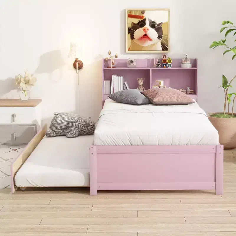 Letto gemello moderno con letto estraibile e testiera con contenitore
