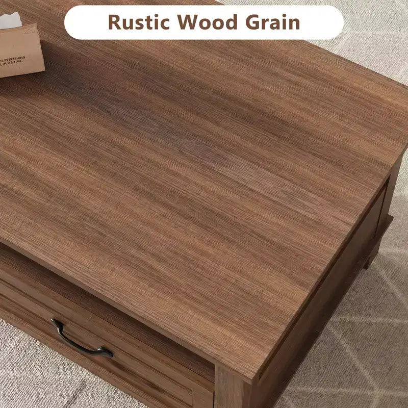 Tavolino da salotto rustico con cassetti, 120 cm, effetto legno nero, 2 cassetti e ripiano aperto per soggiorno