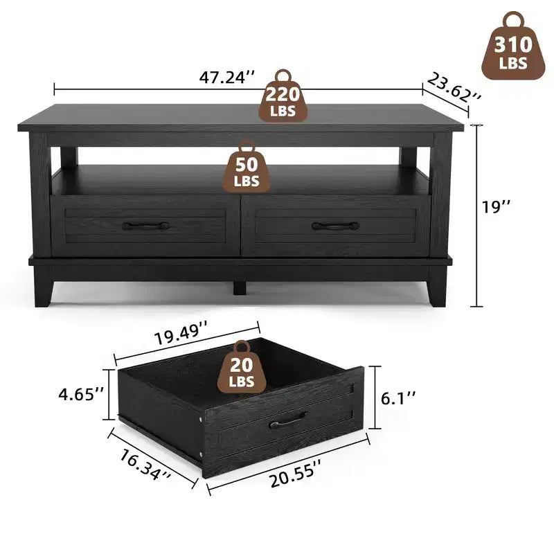 Tavolino da salotto rustico con cassetti, 120 cm, effetto legno nero, 2 cassetti e ripiano aperto per soggiorno