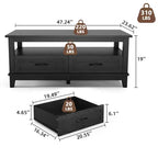 Tavolino da salotto rustico con cassetti, 120 cm, effetto legno nero, 2 cassetti e ripiano aperto per soggiorno