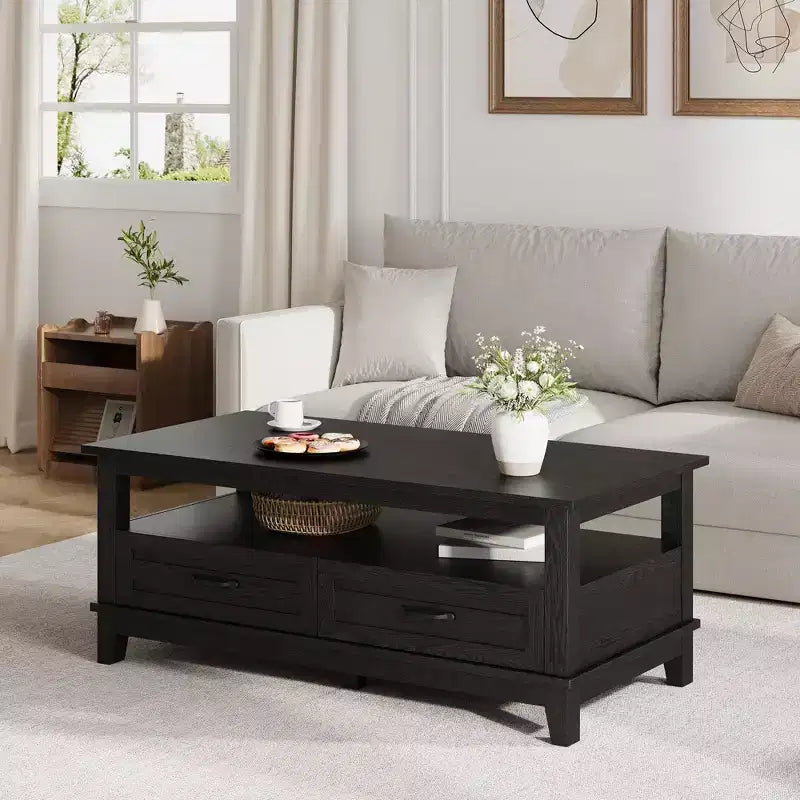 Tavolino da salotto rustico con cassetti, 120 cm, effetto legno nero, 2 cassetti e ripiano aperto per soggiorno