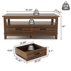 Tavolino da salotto rustico con cassetti, 120 cm, effetto legno nero, 2 cassetti e ripiano aperto per soggiorno