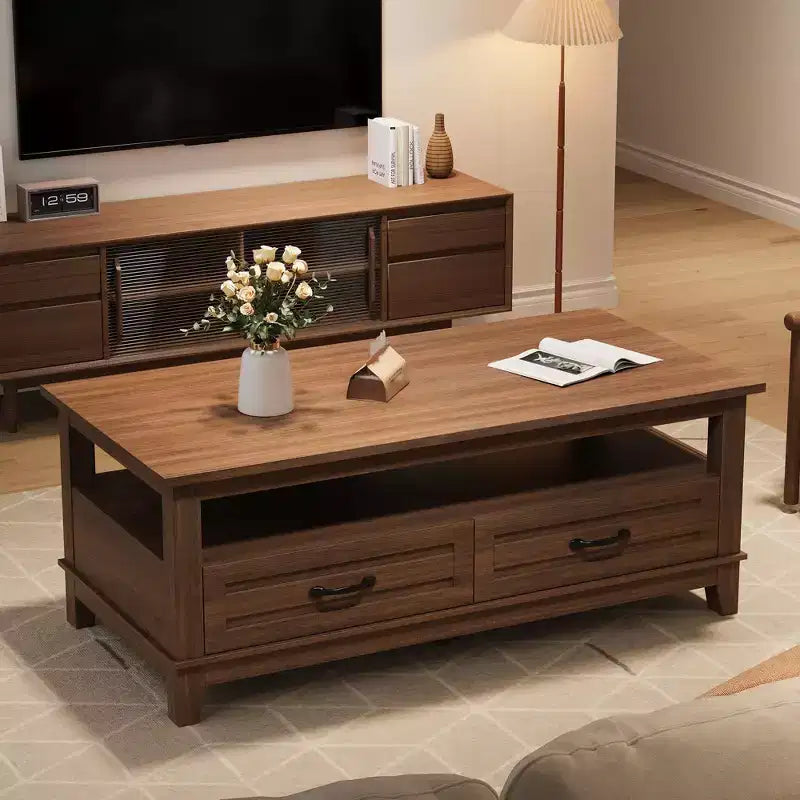 Tavolino da salotto rustico con cassetti, 120 cm, effetto legno nero, 2 cassetti e ripiano aperto per soggiorno