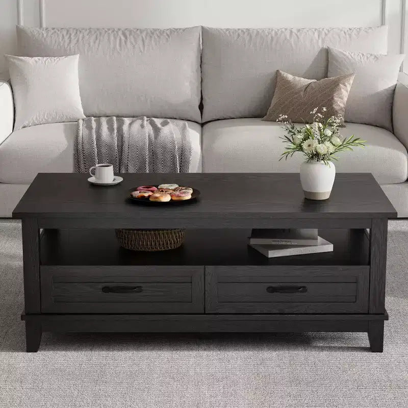 Coffee Table Farmhouse with Drawers, 47.2 Rustic Center Table Black Wood Grain, 2-Drawer & Open Shelf Storage for Living Room