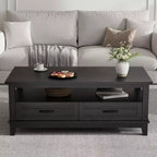 Coffee Table Farmhouse with Drawers, 47.2 Rustic Center Table Black Wood Grain, 2-Drawer & Open Shelf Storage for Living Room