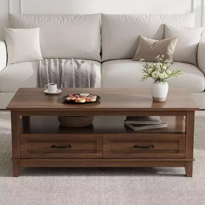 Tavolino da salotto rustico con cassetti, 120 cm, effetto legno nero, 2 cassetti e ripiano aperto per soggiorno
