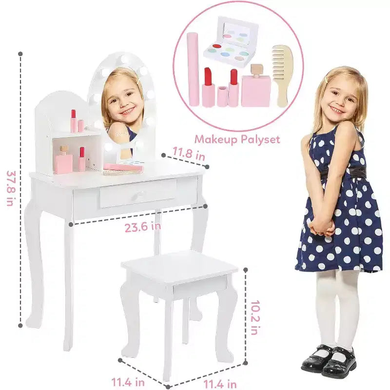 Set Toeletta Bambina Princess con Specchio, Sgabello, Cassetto e Accessori Trucco Giocattolo, Tavolino da Trucco in Legno per Bambine