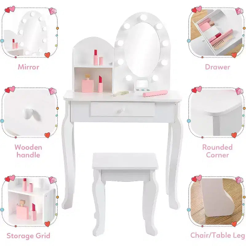 Set Toeletta Bambina Princess con Specchio, Sgabello, Cassetto e Accessori Trucco Giocattolo, Tavolino da Trucco in Legno per Bambine