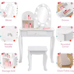 Set Toeletta Bambina Princess con Specchio, Sgabello, Cassetto e Accessori Trucco Giocattolo, Tavolino da Trucco in Legno per Bambine