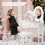 Set Toeletta Bambina Princess con Specchio, Sgabello, Cassetto e Accessori Trucco Giocattolo, Tavolino da Trucco in Legno per Bambine