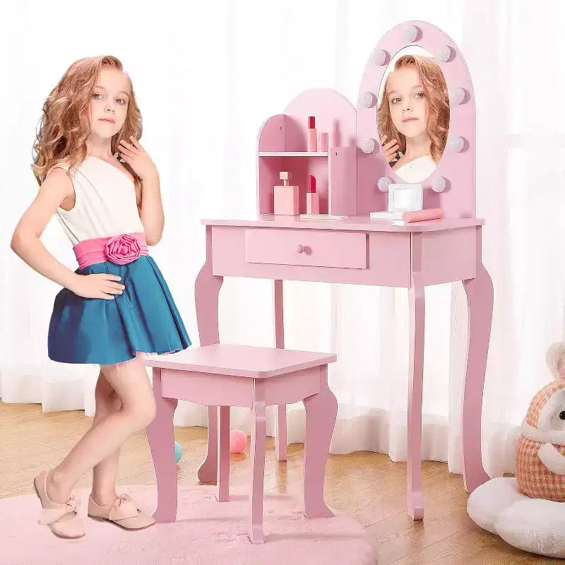 Set Toeletta Bambina Princess con Specchio, Sgabello, Cassetto e Accessori Trucco Giocattolo, Tavolino da Trucco in Legno per Bambine