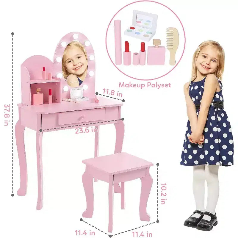 Set Toeletta Bambina Princess con Specchio, Sgabello, Cassetto e Accessori Trucco Giocattolo, Tavolino da Trucco in Legno per Bambine