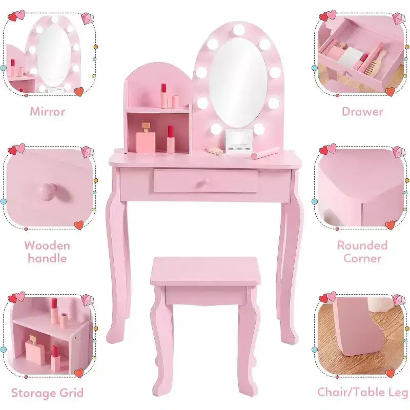 Set Toeletta Bambina Princess con Specchio, Sgabello, Cassetto e Accessori Trucco Giocattolo, Tavolino da Trucco in Legno per Bambine