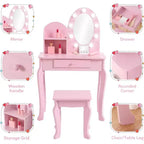 Set Toeletta Bambina Princess con Specchio, Sgabello, Cassetto e Accessori Trucco Giocattolo, Tavolino da Trucco in Legno per Bambine
