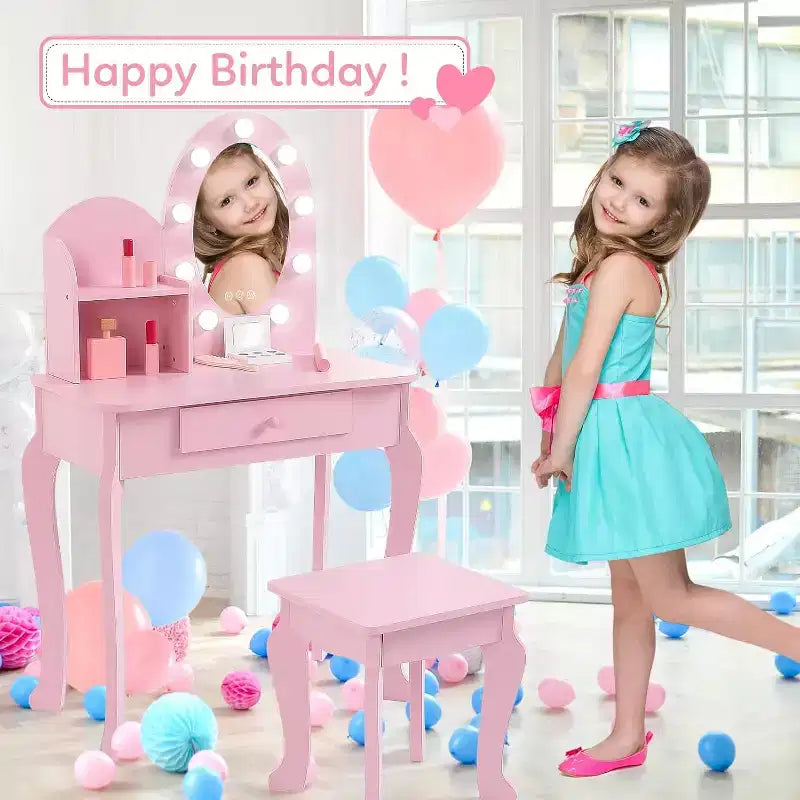 Set Toeletta Bambina Princess con Specchio, Sgabello, Cassetto e Accessori Trucco Giocattolo, Tavolino da Trucco in Legno per Bambine