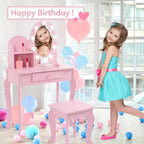 Set Toeletta Bambina Princess con Specchio, Sgabello, Cassetto e Accessori Trucco Giocattolo, Tavolino da Trucco in Legno per Bambine