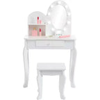Set Toeletta Bambina Princess con Specchio, Sgabello, Cassetto e Accessori Trucco Giocattolo, Tavolino da Trucco in Legno per Bambine