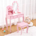 Kids Vanity Girls Princess Makeup Desk Set with Mirror, Stool, Drawer & Pretend Play Cosmetics, Wooden Dressing Table Toy for Toddlers