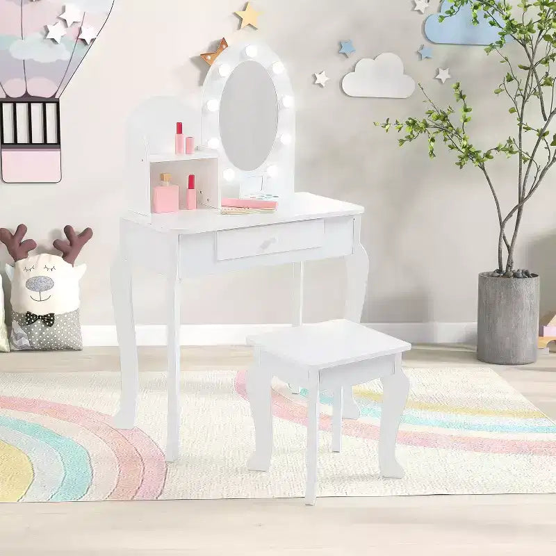 Set Toeletta Bambina Princess con Specchio, Sgabello, Cassetto e Accessori Trucco Giocattolo, Tavolino da Trucco in Legno per Bambine