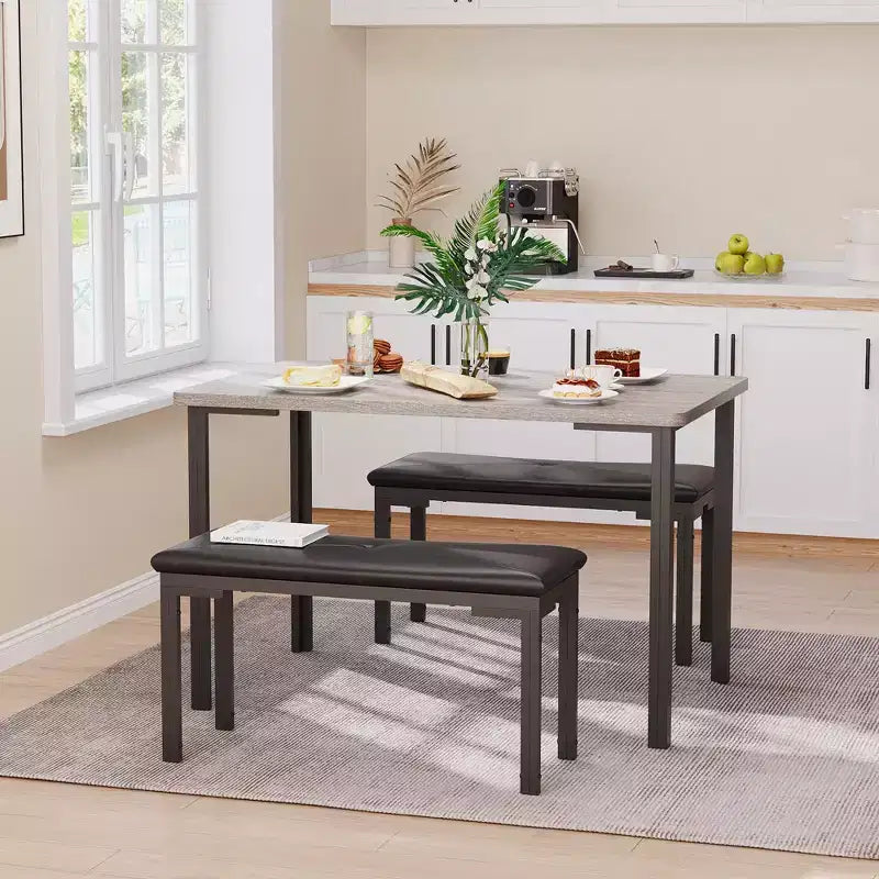 Set tavolo da pranzo 43.3 per 4, tavolo da cucina rettangolare 3 pezzi con 2 panche imbottite, set da pranzo salvaspazio per appartamento