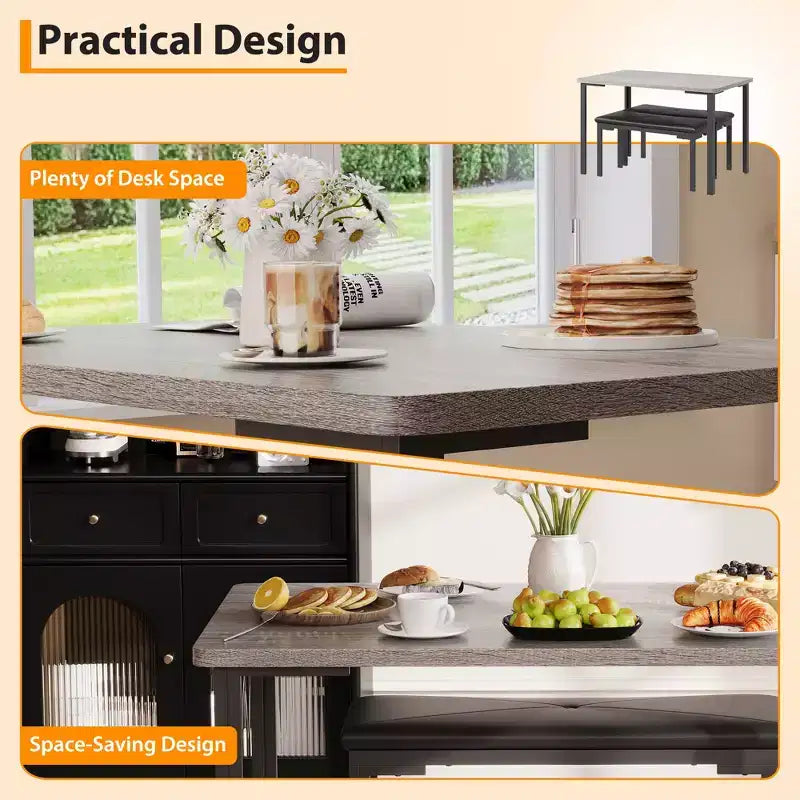 Set tavolo da pranzo 43.3 per 4, tavolo da cucina rettangolare 3 pezzi con 2 panche imbottite, set da pranzo salvaspazio per appartamento