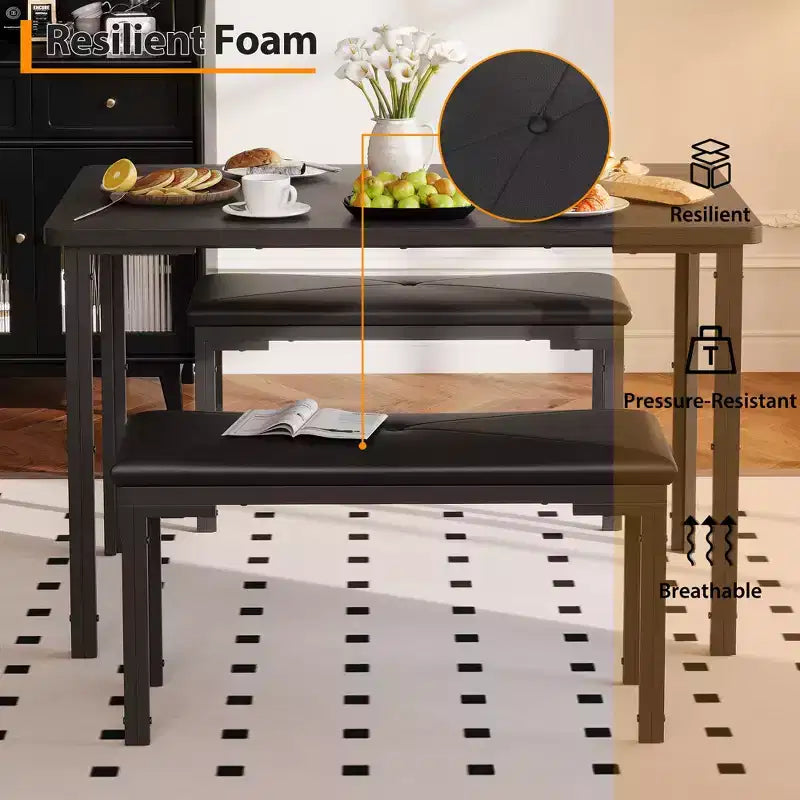 Set tavolo da pranzo 43.3 per 4, tavolo da cucina rettangolare 3 pezzi con 2 panche imbottite, set da pranzo salvaspazio per appartamento