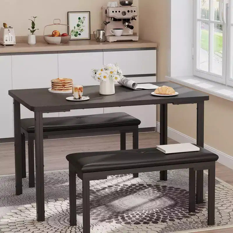 COZONY 43.3 Dining Table Set for 4, 3 Piece Rectangular Kitchen Table with 2 Upholstered Benches, Space-Saving Dining Room Set for Apartment