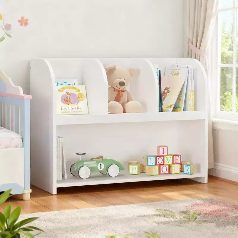 Homy Casa Kids Toy Organizer with 3 Open Compartments and 2-Tier Bookshelf for Playroom or Bedroom, White