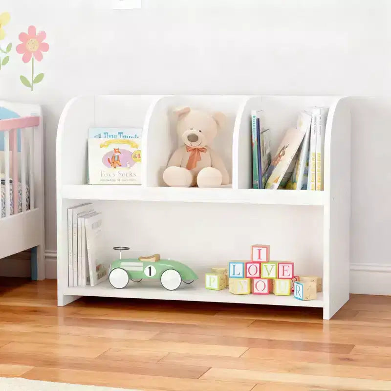 Organizzatore di giocattoli per bambini con 3 scomparti aperti e libreria a 2 ripiani per sala giochi o camera da letto, bianco