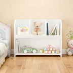 Organizzatore di giocattoli per bambini con 3 scomparti aperti e libreria a 2 ripiani per sala giochi o camera da letto, bianco