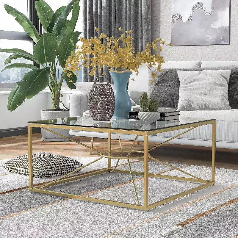 Tavolino da caffè Techna con piano in vetro rivestimento oro/trasparente - HOMES: Inside + Out: Design lussuoso moderno quadrato da 35,38".