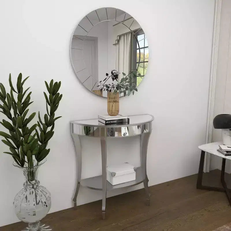 Glam Fir Console Tables with Mirror White, Elegante Mezza Luna, Struttura in Legno, Nessun Montaggio (Set di 2)