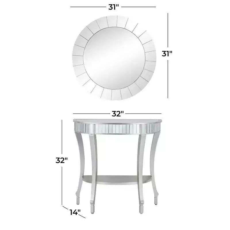 Glam Fir Console Tables with Mirror White, Elegante Mezza Luna, Struttura in Legno, Nessun Montaggio (Set di 2)