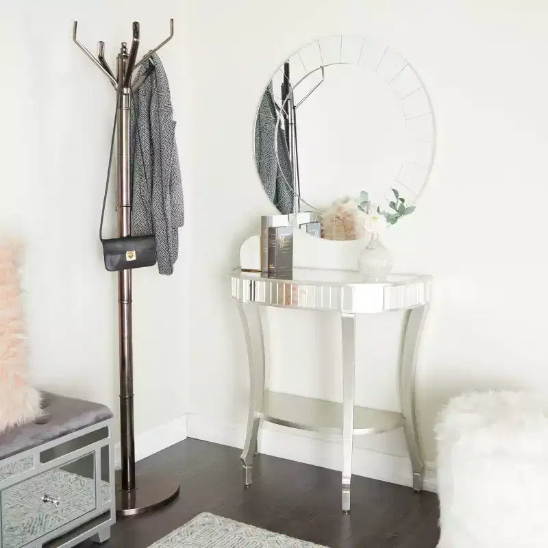 Glam Fir Console Tables with Mirror White, Elegante Mezza Luna, Struttura in Legno, Nessun Montaggio (Set di 2)
