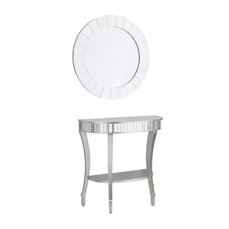 Glam Fir Console Tables with Mirror White, Elegante Mezza Luna, Struttura in Legno, Nessun Montaggio (Set di 2)