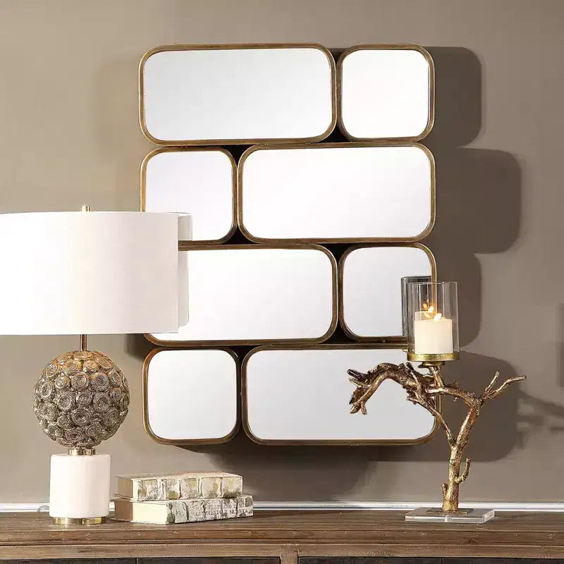 Specchio da parete rettangolare Uttermost Vanity Accent moderno con bordi arrotondati, cornice in metallo dorato anticato, larghezza 60 cm, per bagno e camera da letto