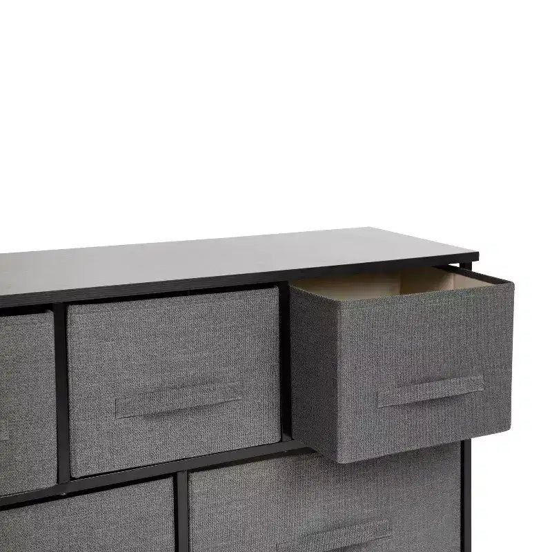 Cassettiera a 5 cassetti in ferro battuto con piano in legno e cassetti in tessuto facili da estrarre